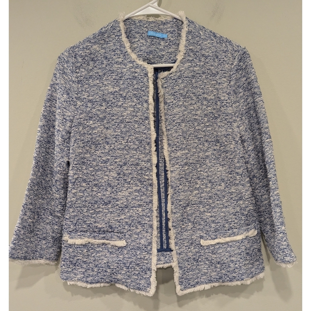 J. McLaughlin Blue White Tweed Open Blazer Size Small